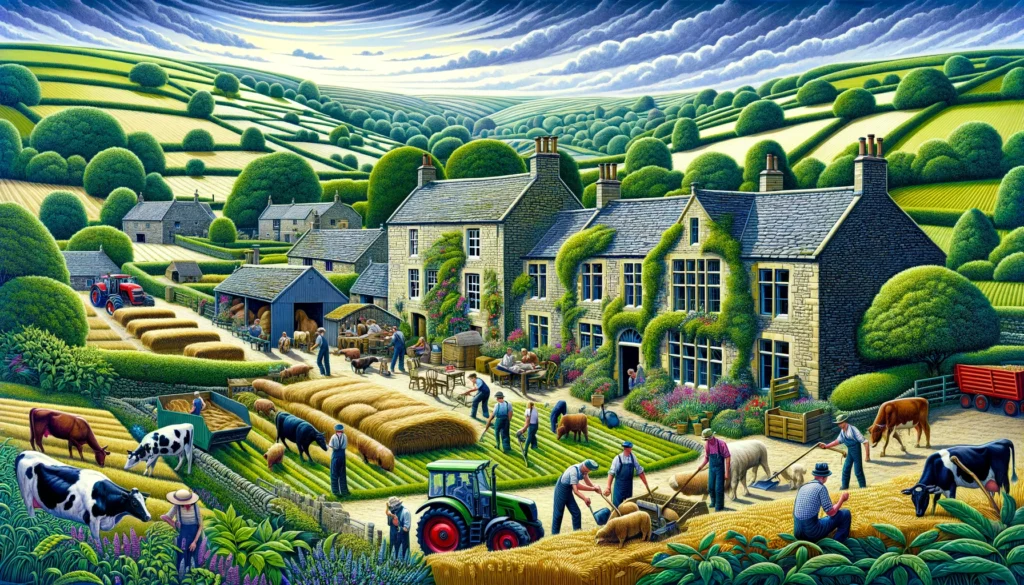 Farm Culture A detailed and vivid illustration showcasing farm culture in the UK. The scene features a traditional British farm with stone cottages, barns, and lus1