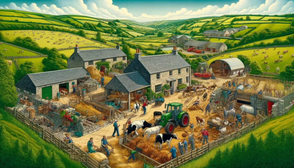 Farm Culture A detailed and vivid illustration showcasing farm culture in the UK. The scene features a traditional British farm with stone cottages, barns, and lus2