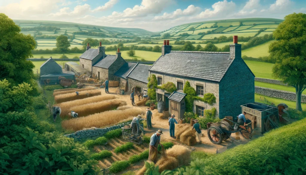 Farm Culture A wide aspect, close up photorealistic illustration showcasing farm culture in the UK. The scene features a traditional British farm with stone cottag3